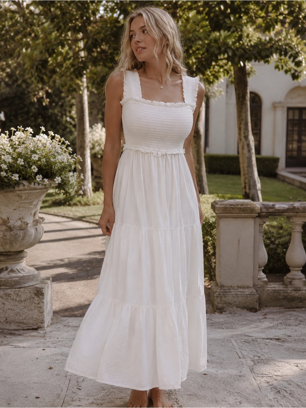 Altar'd State White Smocked Square-Neck Maxi Dress